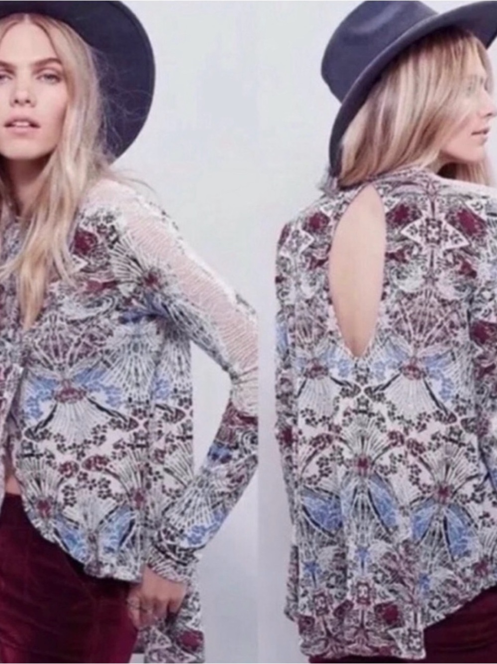 #199 FREE PEOPLE Nouveau Blues & Purples Print Blouse w Keyhole & Lace M